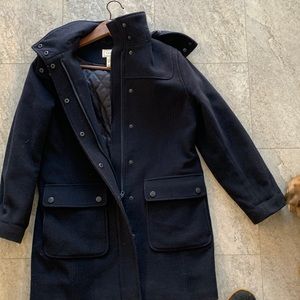 LLBean wool duffle coat with detachable hood .Navy blue , size S petite.